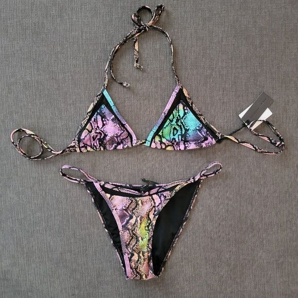 Kendall & Kylie Women's Mesh Trim Tie Dye Snake Triangle Bikini Set Size… - Picture 4 of 16